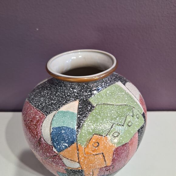 Vintage large 90s wide vase Asian geometric print - Picture 5 of 8